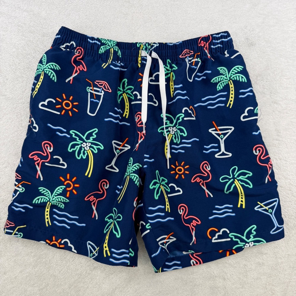 Chubbies Neon Flamingo Palm Tree Swim Trunks Mens Medium Navy Blue Tropical Mesh